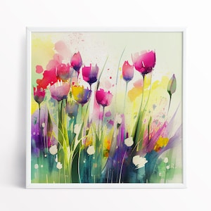 Dipinto di tulipani, fiori primaverili ad acquerello, fiori selvatici astratti e prato di tulipani, stampe artistiche botaniche colorate e vivaci, arte floreale astratta