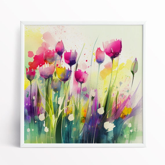 Tulip Painting, watercolour spring flowers Abstract Wildflower & Tulip Meadow Colourful Vibrant Botanical Art Prints, Abstract flower Art