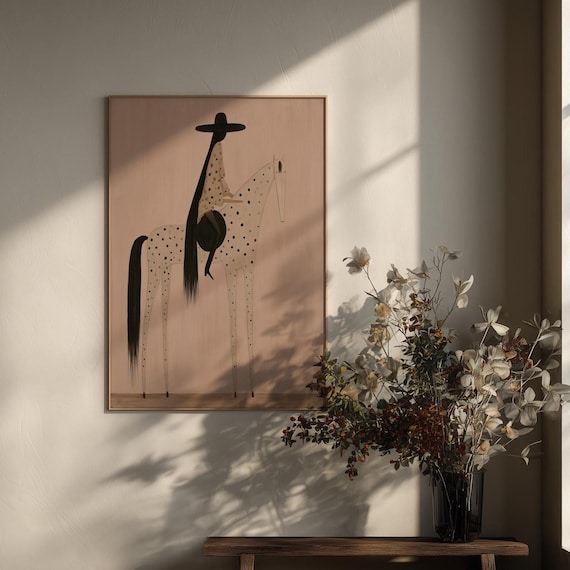 Cowgirl Horse Rider Minimalist Portrait in Neutral Tones | Western Cowgirl Living Room Wall Art & Modern Home Decor