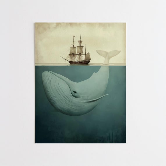 Moby Dick Whale Ship Abstract Blue Tones Living Room Wall Art | Nautical Marine Life Decor Print