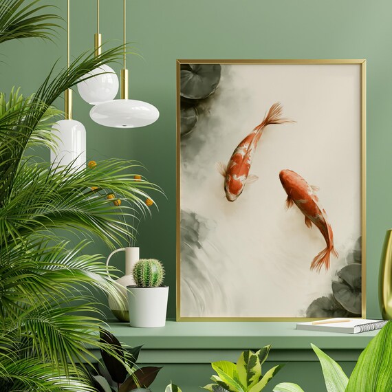 Japandi Koi Pond Print, Koi Pair Minimal, Bedroom Wall Art, Zen Wall Print, Japanese Koi Housewarming Gift