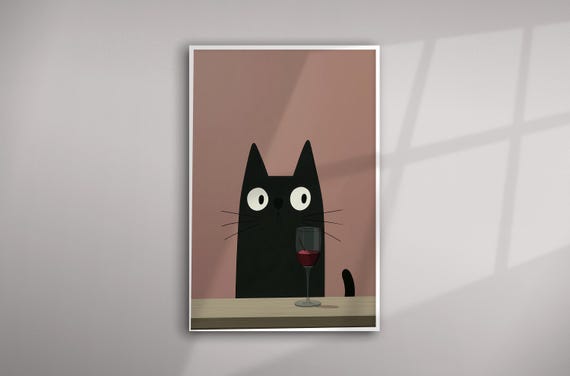Black Cat with Wine Minimalist Quirky Funny Cat Living Room Wall Art | Charming Pet Decor