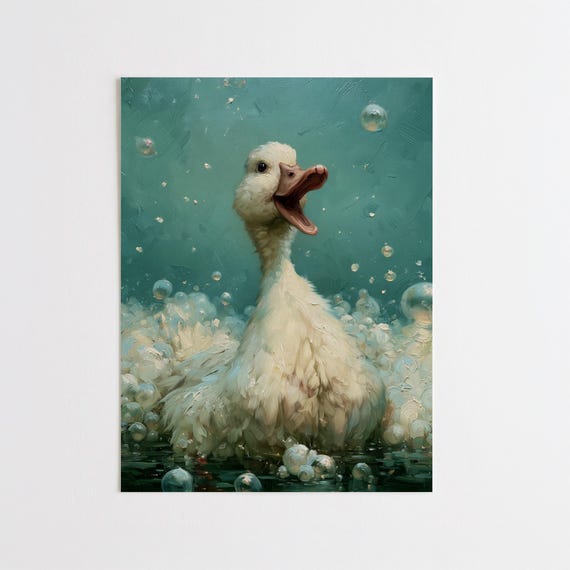 Bubble Bath Duck Abstract Turquoise Bathroom Art Duckling in a Bath | Fun Teal Bathroom Painting