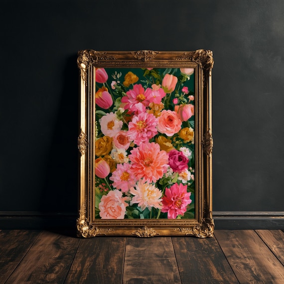 Coeal Pink and Emerald Maximalist Floral Print, Pink Maximalist Bouquet, Floral Living Room Wall Art, Flower Gallery Wall Print