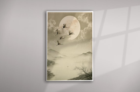 Japanese Watercolour Landscape with Flying Cranes in Grey Tones | Japandi Heron Living Room Wall Art
