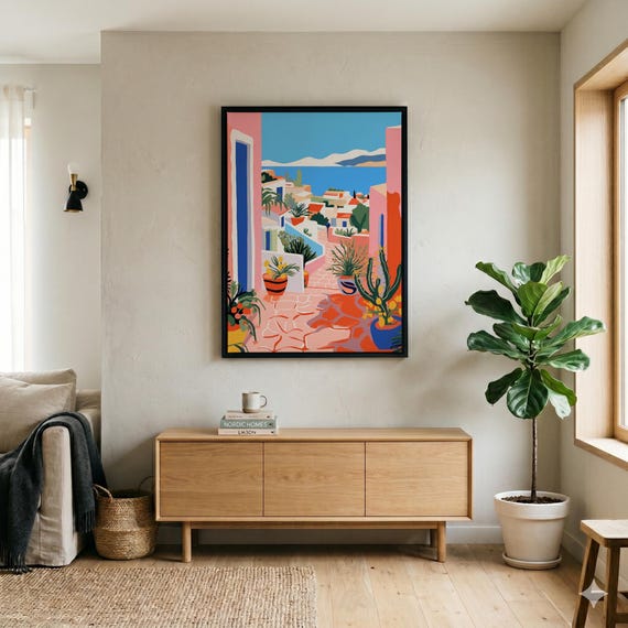 Mediterranean Abstract Blue Warm Tones Living Room Wall Art | Travel Print Modern Home Decor