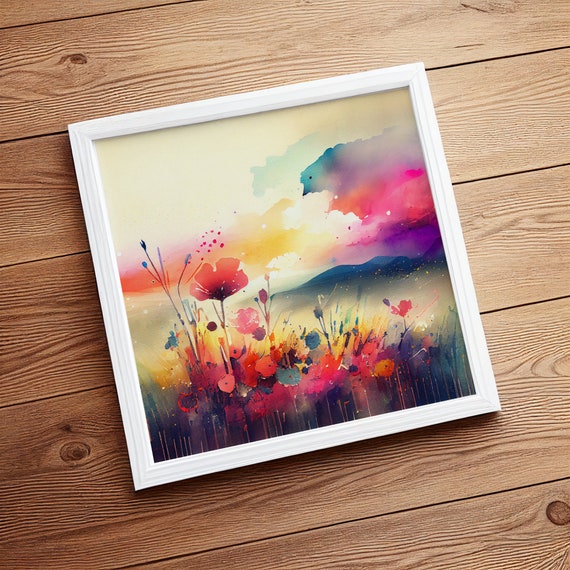 Poppy Field Painting Colourful Flower Watercolour Print - Abstract Floral Art, Large Painting, Flower Wall Art