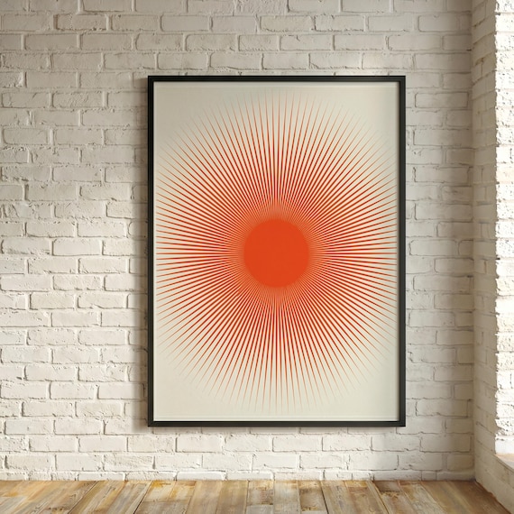 Orange Sunburst Abstract Modern Living Room Wall Art Minimalist Warm Tones Home Decor Sun Set