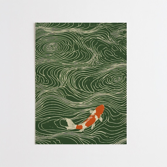 Japanese Koi Fish Green Abstract Wall Art | Modern Relaxing Office Decor Japandi Lino Print