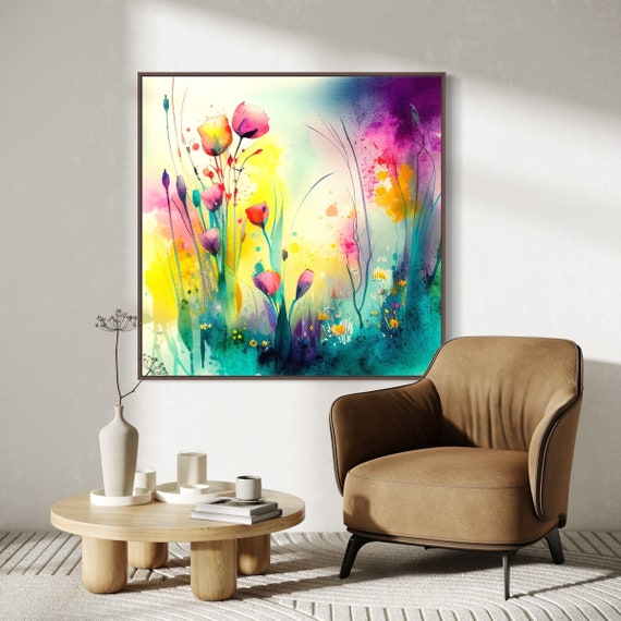 Tulip Meadow Watercolour wildflower Print: Abstract Flower Botanical Art