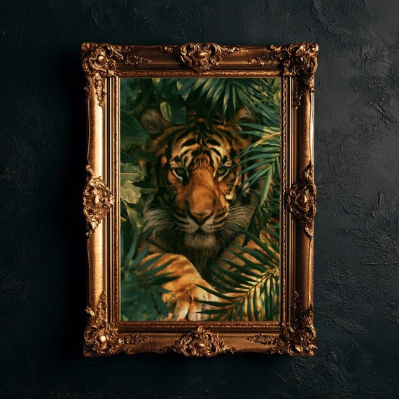 Tiger in Jungle Print, Golden Tiger Jungle, Living Room Wall Art, Evergreen Home Decor, Gallery Wall Print, Housewarming Gift