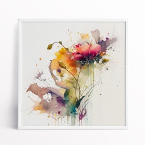 Dipinto astratto di fiori di papavero ad acquerello, stampe artistiche botaniche colorate e tele, arte di fiori di papavero selvatici