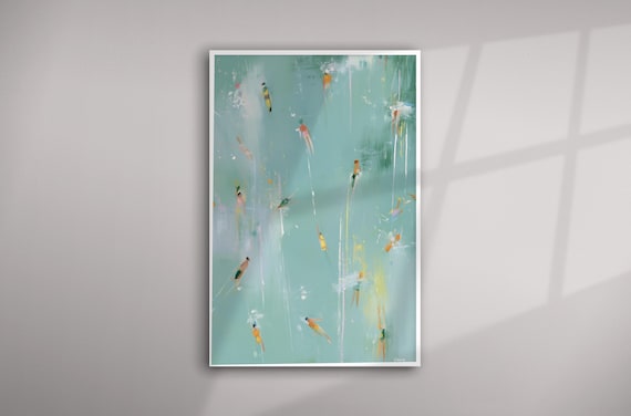 Sea Swimmers Swimming in Sea Abstract Modern Living Room Ocean Wall Art Painting Print | Blue Seascape Art