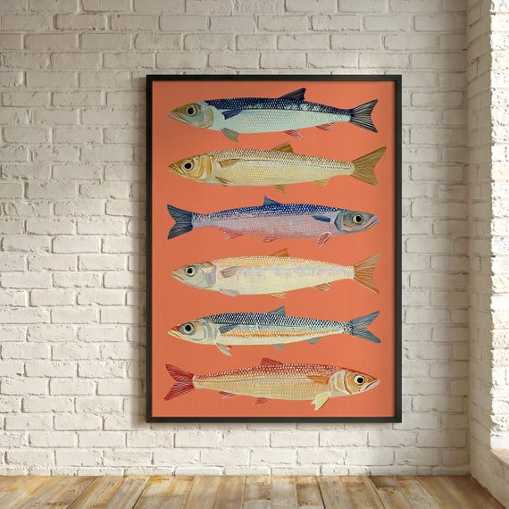 Colourful Sardines Abstract Modern Fish Art Coastal Retro Culinary Wall Art