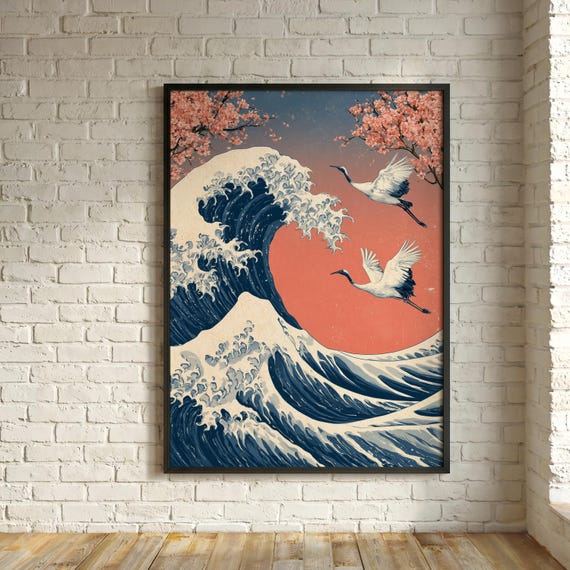 Cranes Over the Great Wave Print, Japanese Woodblock Art, Pink Cherry Blossom Sky, Japandi Navy Ocean Wave Poster, Zen Bedroom Wall Art