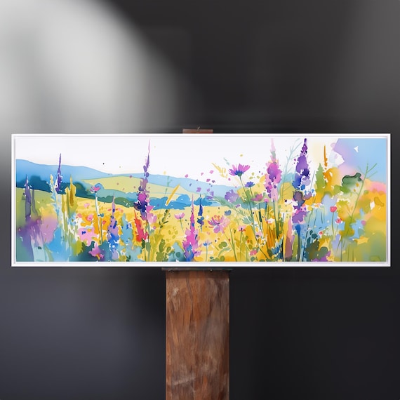 Colourful Spring Wildflowers Meadow Field, Modern Design Floral Art Home Decor, Panoramic Watercolour Flower Canvas Flower Meadow Landscape