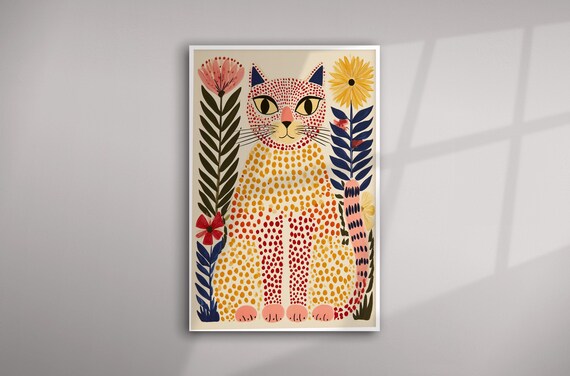 Vibrant Cat Flower Garden Abstract Art | Warm Tones Living Room | Childrens Bedroom Wall Art