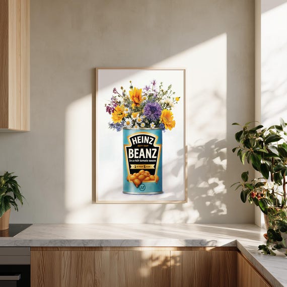 Heinz Baked Beans Floral Pop Art for Kitchen | Baked Beanz Vibrant Home Decor Quirky Kitchen Food Print