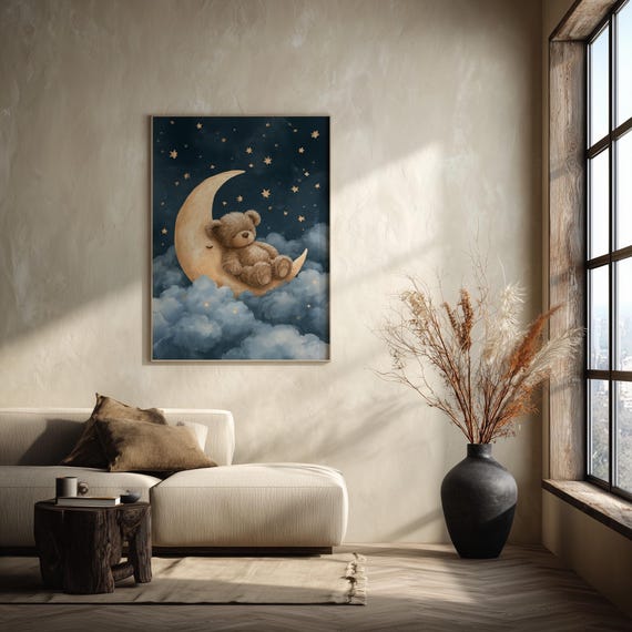 Sleeping Moon Bear Print, Teddy Crescent Moon, Celestial Nursery Wall Art, Teddy Bear Stars Decor, Bedtime Baby Room Art