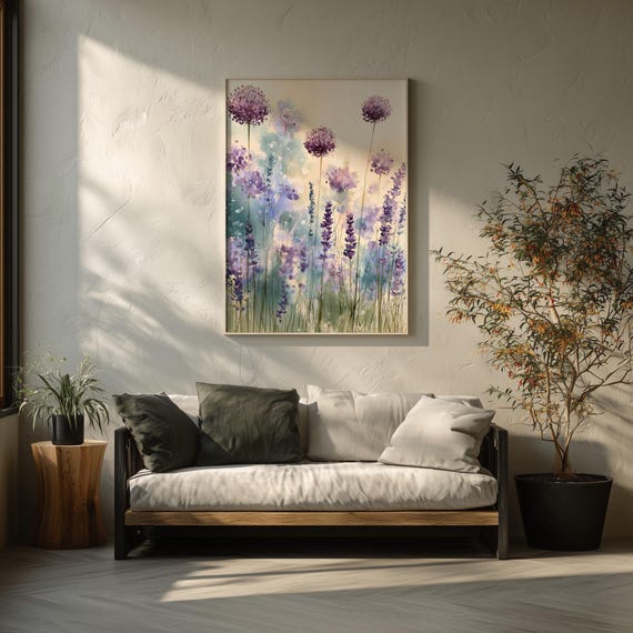 Allium and Lavender Watercolour Print, Allium Lavender Haze, Floral Living Room Wall Art, Flower Print, Housewarming Gift