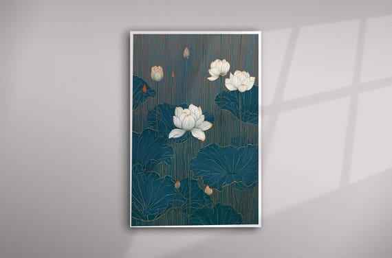 Japanese Flowers Blue Tones Abstract Living Room Wall Art | Teal Decor Elegant Print Traditional Block Print