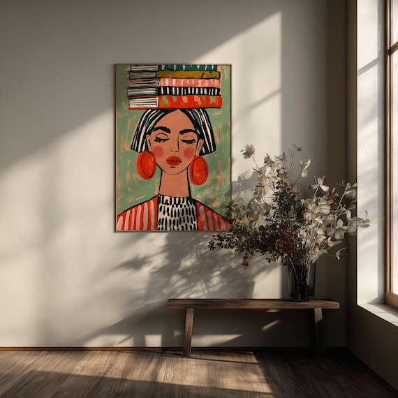 Modern painting of Woman balancing Books on Head, Book Lovers Portrait Abstract Vibrant Colours Art | Bedroom Decor Wall Art