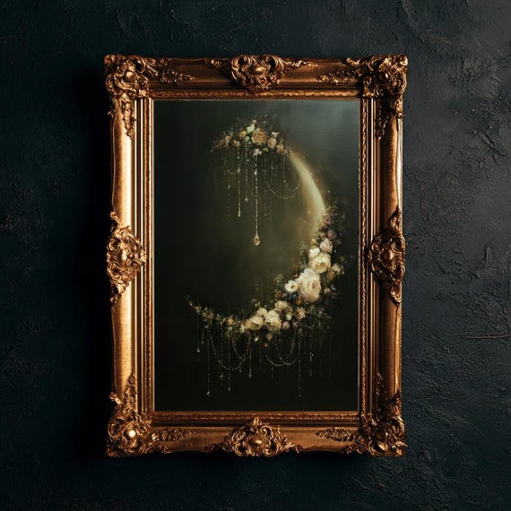 Mystical Moon Gothic Floral Abstract Dark Art with Crystals Home Decor Dark Academia
