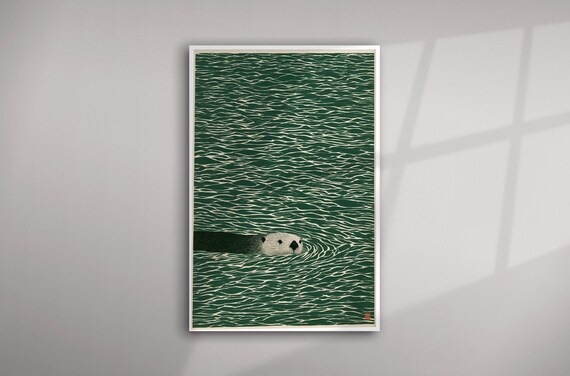 Japanese Sea Otter Lino Print Green Tradtional Janpanese Modern Living Room  Japandi Wall Art | Calming Ocean Decor