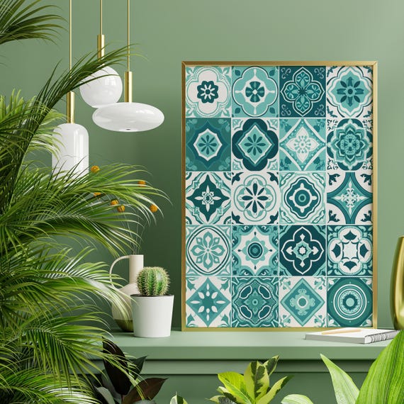 Moroccan Green Tiles Abstract Geometric Kitchen Wall Art | Moorish Modern Home Decor