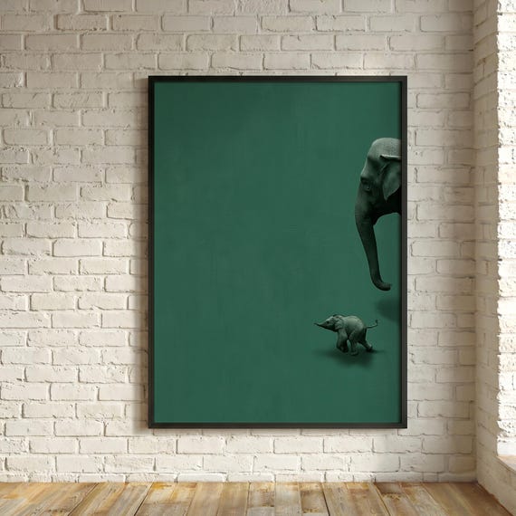Elephant Mother and Baby Minimalist Green Nursery Wall Art | Modern Family Home Decor