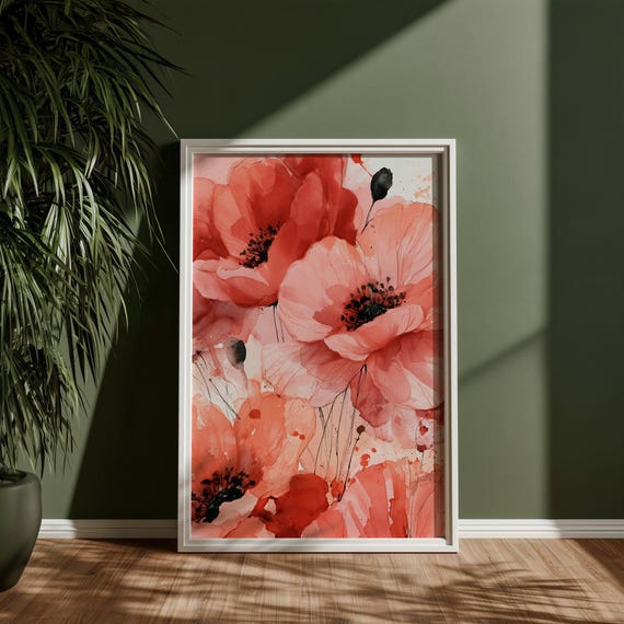 Coral Poppy Watercolour Print, Scarlet Poppy Closeup, Living Room Wall Art, Evergreen Home Decor, Gallery Wall Print, Housewarming Gift