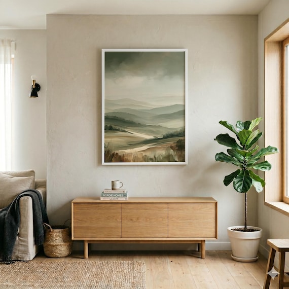 Lake District Watercolour Landscape Green Living Room Wall Art | Serene Home Decor