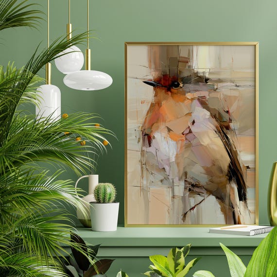 Robin Red Breast Abstract British Garden Bird Painting | Warm Tones Living Room Wall Art | Modern Home Decor