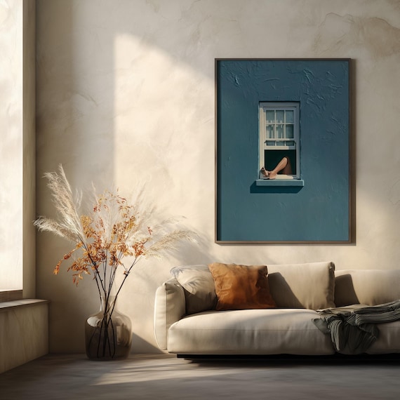 Woman Reading Window Minimalist Blue Living Room Wall Art | Modern Home Decor