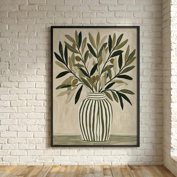 Mediterranean Olive Branch Abstract Green Beige Living Room Wall Art | Botanical Home Decor