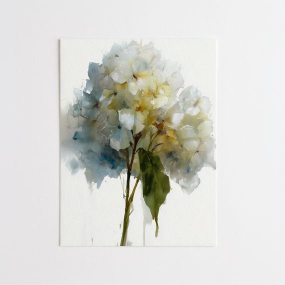 Hydrangea White Minimalist Blue Living Room Wall Art | Elegant Floral Print