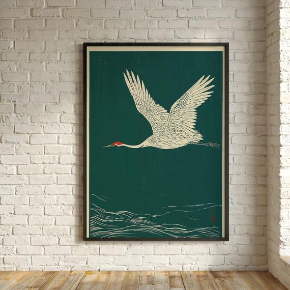 Japanese Crane Minimalist Block Print | Heron Green and White Japandi Living Room Wall Art