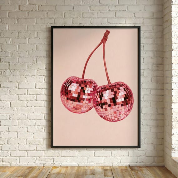 Disco Ball Cherries Vibrant Red Abstract Modern Cherry Living Room Wall Art | Fun Glitter Ball Pop Art Decor