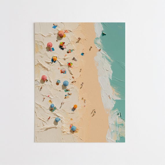 Beach Umbrellas Impasto Print, Colourful Beach Crowd, Ariel View of Beach, Bronkhorst Style, Modern Beach Decor