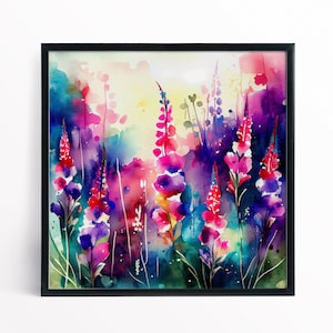 Dipinto astratto di prato di fiori selvatici, stampe artistiche botaniche colorate e vivaci, arte floreale astratta con tecnica mista, dipinto extra large, arte murale