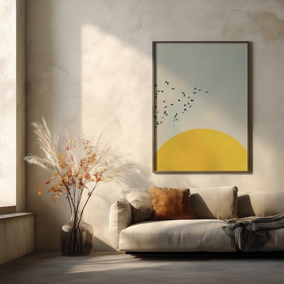 Sun Birds Japandi Zen Minimalist Sunrise Bedroom Wall Art | Sunset Warm Tones Nature Decor