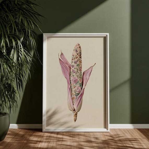 William Morris Style Corn On The Cob Botanical Pastel Wall Art | Vintage Floral Kitchen Print Decor