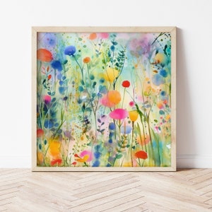 Dipinto astratto di prato di fiori selvatici, stampe artistiche botaniche colorate e vivaci, arte floreale astratta con tecnica mista, arte murale floreale