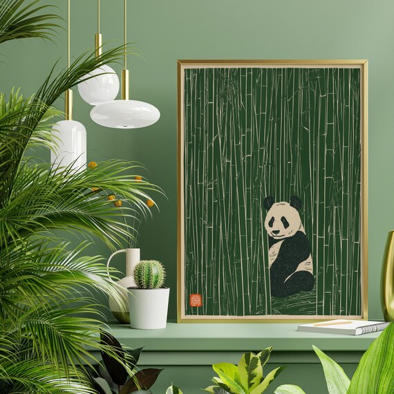 Panda Bamboo Forest Minimalist Green Living Room Wall Art | Chinese Japanese Block Print Style Decor