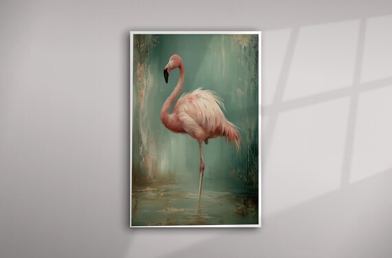 Pink Flamingo Impressionist Teal Living Room Art | Elegant Home Decor