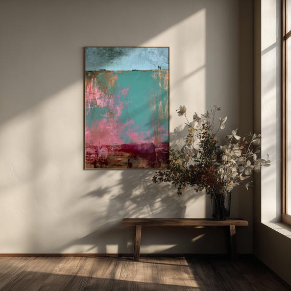 Love Landscape Couple Abstract Teal Warm Tones Living Room Wall Art | Rothko Inspired Modern Outdoors Decor