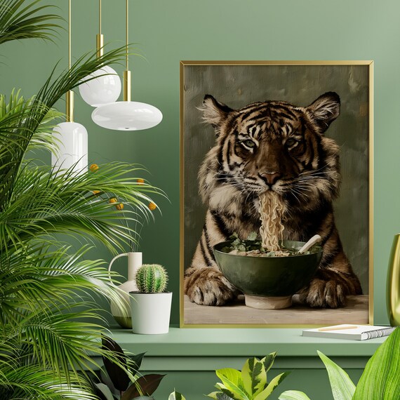 Tiger Eating Ramen Noodles Quirky Modern Green Tones Kitchen Wall Art | Surreal Tiger Unique Animal Art