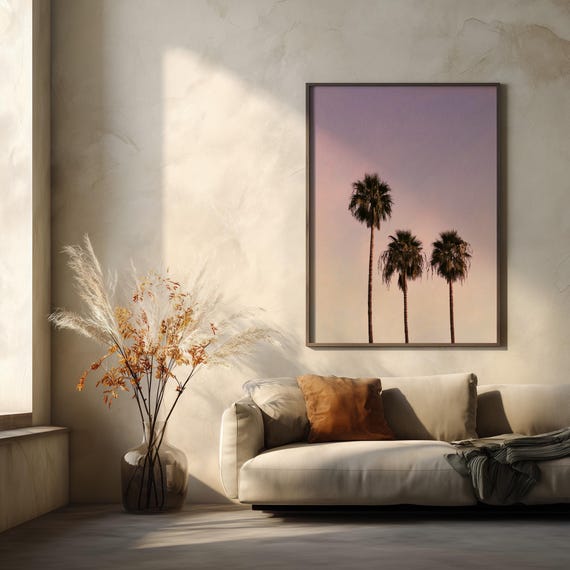 Palm Trees Miami Minimalist Pink Art for Living Room | Tropical Palm Trees Warm Toned Wall Decor
