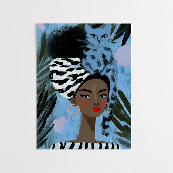 Woman Cat Abstract Blue Portrait for Living Room | Modern Impressionist of Woman with Cat Art Lover Gift  Home Decor
