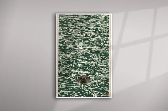 Japanese Sea Otter Minimalist Green Ocean Print | Ukiyoe Inspired Living Room Wall Art & Home Decor